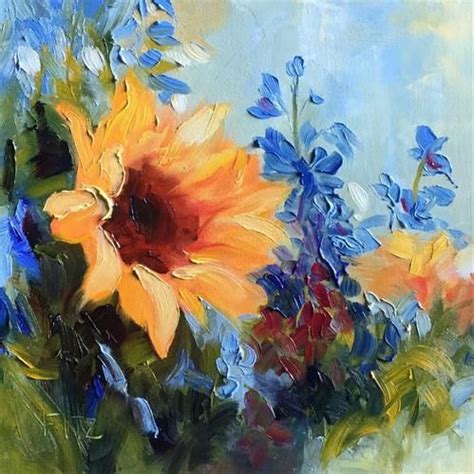 Daily Paintworks Sunflower And Delphiniums Original Fine Art For