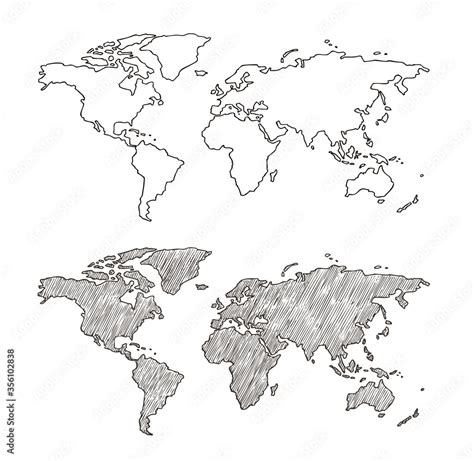 Sketch World Mapvector Hand Drawn Illustration Earth Planet With