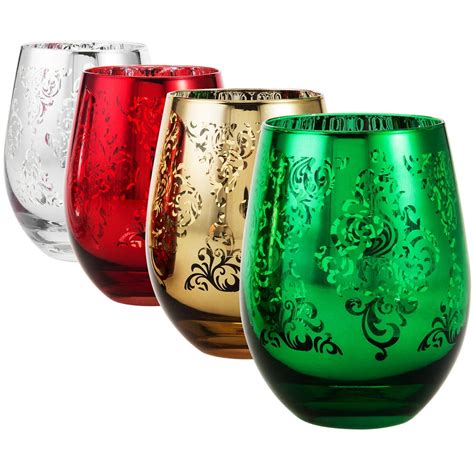Myt Metallic Multi Color Christmas Themed Stemless Wine Glasses Set