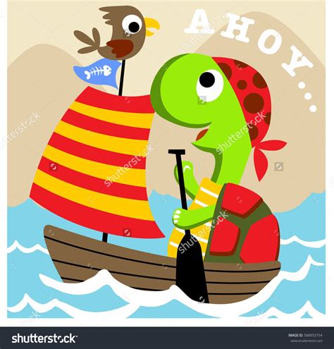 Turtle Is A Young Pirate With A Bird The Crew Vector Cartoon Illustration