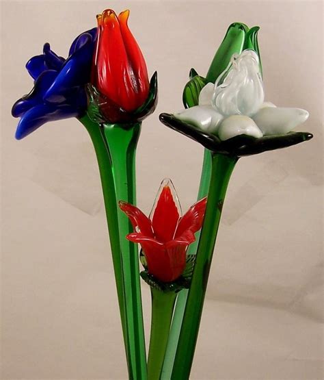 5 Vintage Murano Style Art Glass Flowers Rose Daffodil Long Stem Flower Stalks 1727732939
