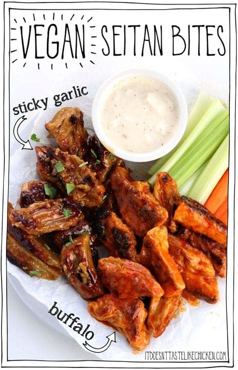 Then they're coated with buffalo sauce, and served with vegan ranch or goddess dressing (hampton creek's are amazing!) and carrot sticks/no celery. Vegan Seitan Bites - Sticky Garlic & Buffalo | Recipe in ...