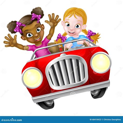 Cartoon Girl Kids Driving Car Vector Illustration