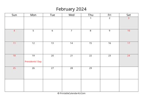 February 2024 Calendar With Us Holidays Highlighted Landscape Layout