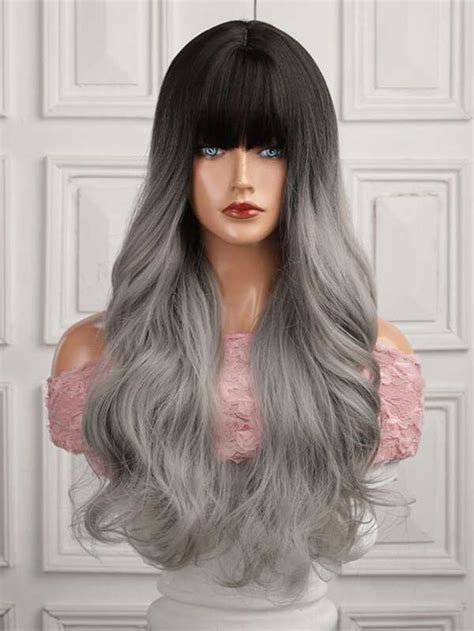 Haircube 28 Inch Long Curly Wigs With Bangs Ombre Gray Wavy Wigs Dark