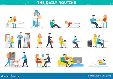 Daily Routine Of A Woman And Man Set Stock Vector Illustration Of