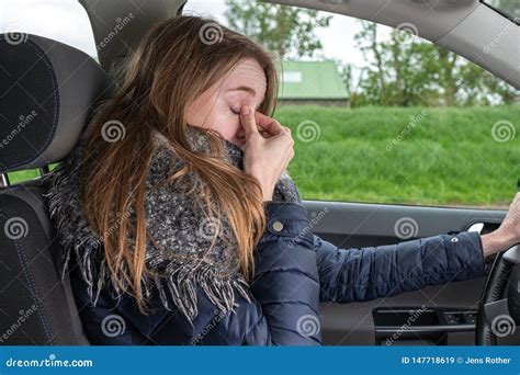 Woman Driving Overtired Car And Rubbing Her Eyes Stock Image Image Of