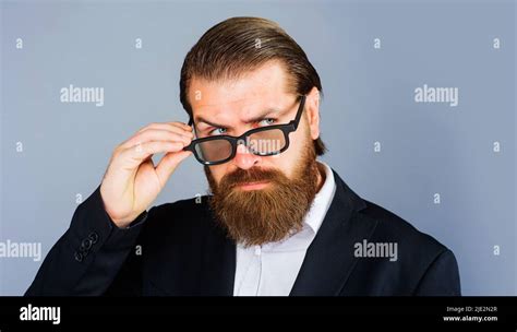 Handsome Businessman In Spectacles Elegant Bearded Man In Glasses And Suit Male Beauty