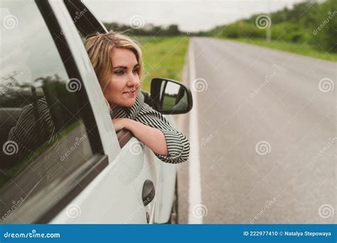 Happy Young Woman Travels By Car Road Trip Stock Photo Image Of