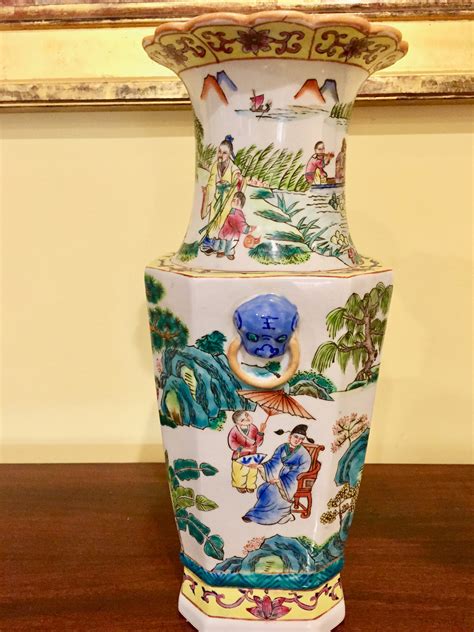 Large Asian Vase Chinese Vase 16 Inches Tall Blue Green Yellow Colors
