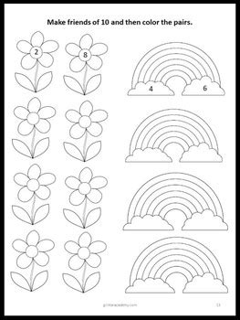 FREE Rainbow Friends of Ten 1st & 2nd Grade Math Worksheets Coloring
