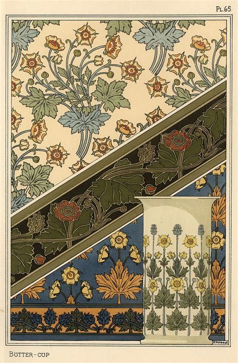 Buttercup In Art Nouveau Patterns For Wallpapers And A Vase Lithograph
