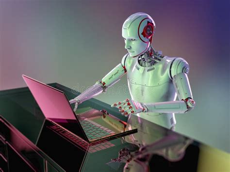 A Humanoid Robot Working With Laptop Conceptual 3d Illustration Stock