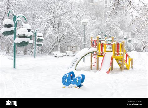 Snowy Playground In Winter Moscow Russia Empty Urban Park During