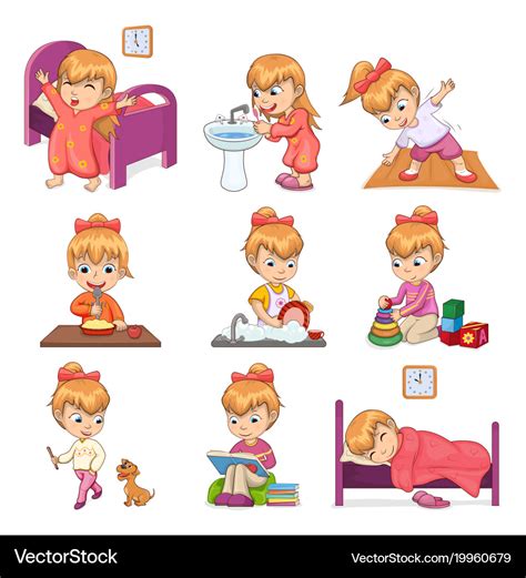 Little Girl Does Daily Routine Set Royalty Free Vector Image