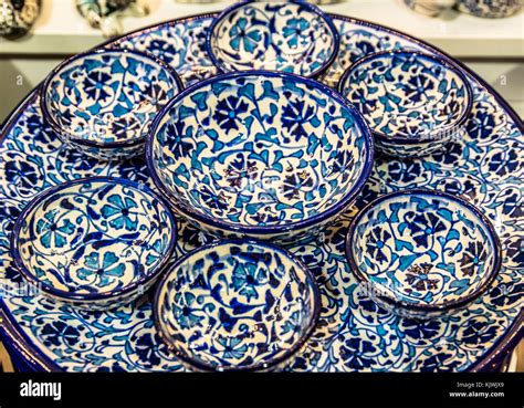 Collection Of Traditional Turkish Ceramic Bowls And Plates With Painted