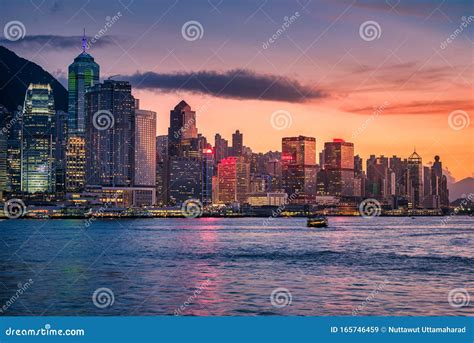 Skyline Hong Kong City At Sunset View From Harbor In Hong Kong Stock