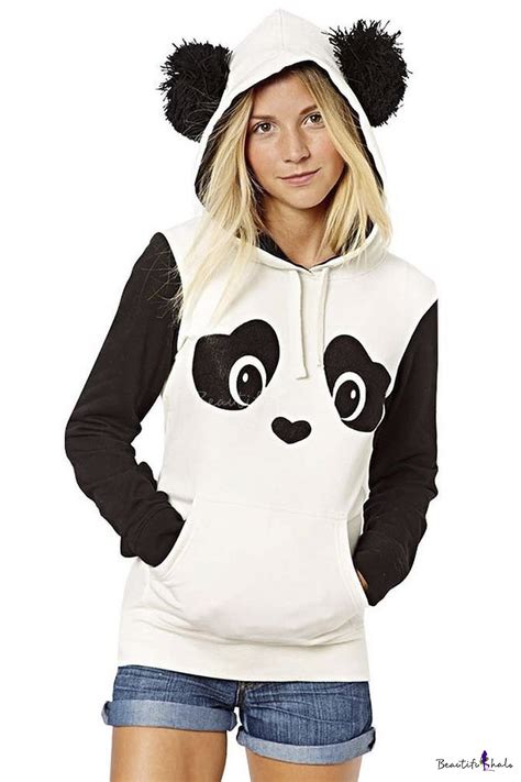 Womens Cute Panda Print White And Black Fleece Hoodie Tops