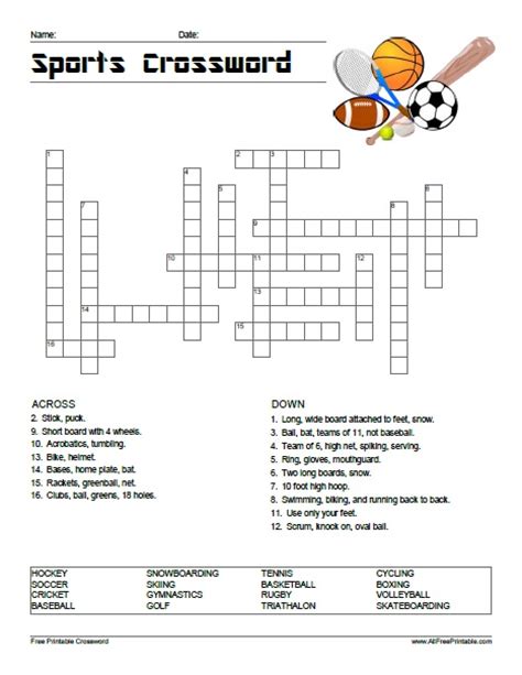 Sports Crossword Puzzle Free Printable
