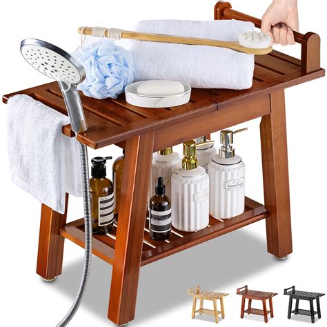 Buy Etechmart 2 Tier Bamboo Shower Bench 24 Inch Spa Stool With Storage Shelf For Inside Shower