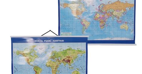 Artı Dünya Siyasi Fiziki Haritası Çift Taraflı 50x70 cm Askılı ve