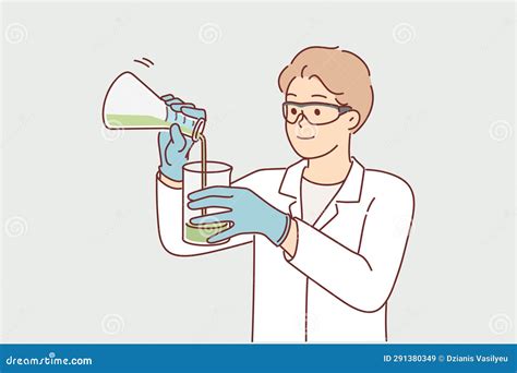 Man Scientist Holds Flasks With Chemical Reagents And Studies Reaction