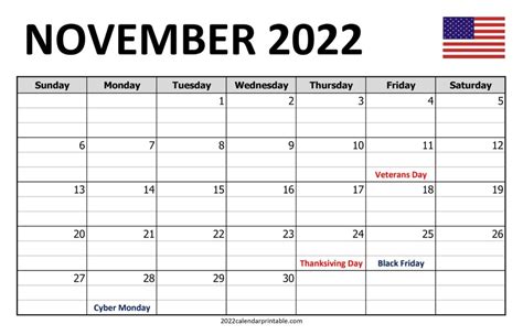 November 2022 Calendar With Holidays Printable Printable Calendars