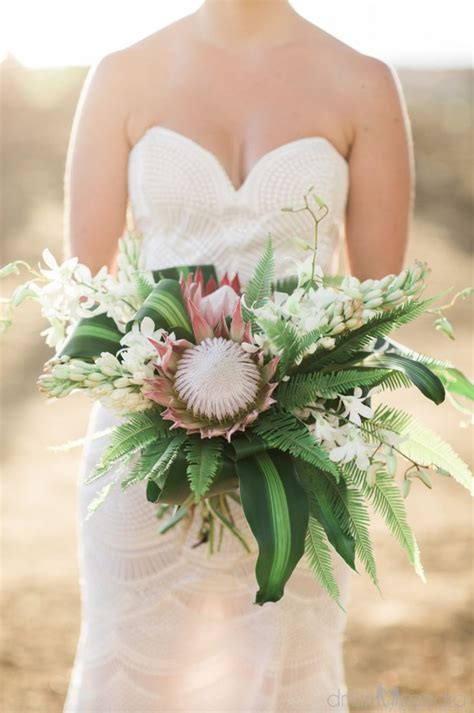 Tropical Bridal Bouquet With King Protea White Dendrobium Orchids