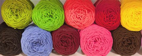 Colorful Balls Of Wool On Shelves Variety Of Knitting Yarns Stock