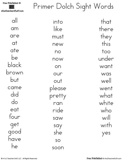Kindergarten Dolch Sight Words List Printable