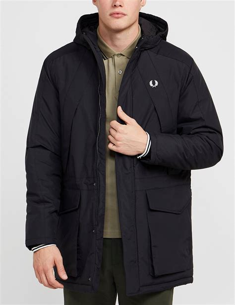 fred perry padded parka jacket black black for men lyst