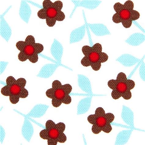 White Robert Kaufman Organic Fabric With Brown Blue Flowers Fabric By