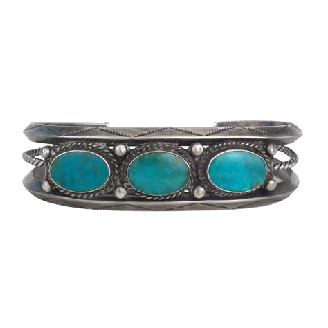 Navajo Stamped Silver Bracelet With Three Blue Gem Turquoise Cabochons