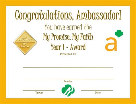 Ambassador My Promise My Faith Year 1 Award Certificate Girl Scouts