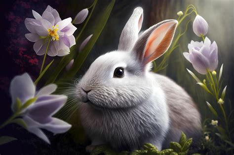 Easter Beautiful Fluffy Rabbit In The Grass In Spring Among Flowers Ai