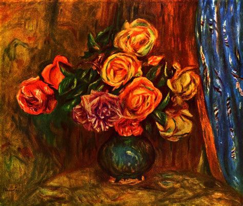 Renoir Still Life Roses Before A Blue Curtain Pierre Auguste Renoir