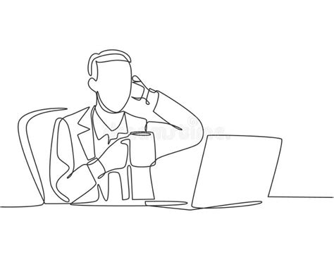 Single Continuous Line Drawing Of Young Happy Manager Sitting At His