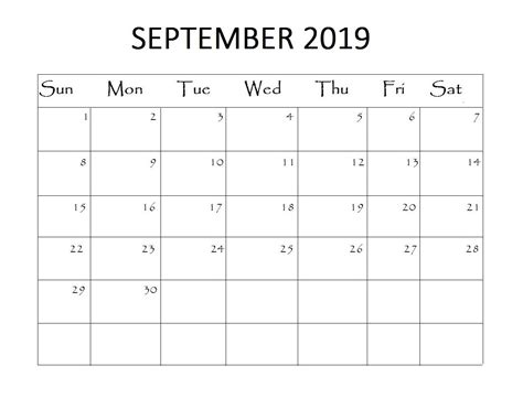 September 2019 Blank Planner Monthly Calendar Template September