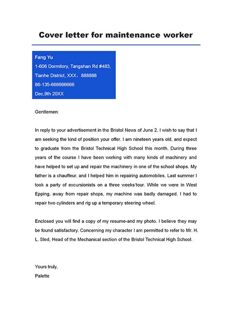 Professional Maintenance Worker Cover Letter Sample W