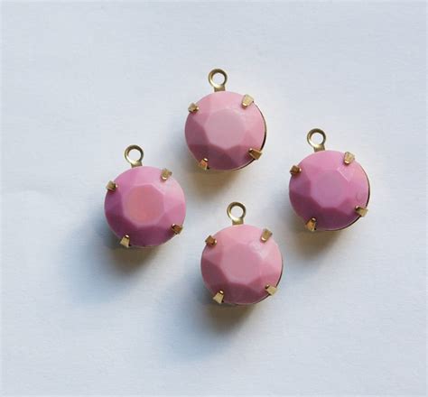 Vintage Opaque Pink Faceted Glass Stones 1 Loop Brass Settings