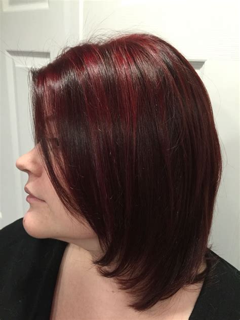 Long Layered Bob With Cherry Red Highlights On Natural Dark Brown Hair