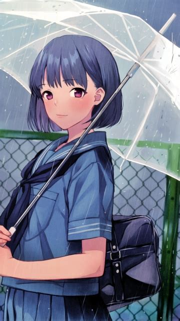 Wallpaper Raining Short Hair Anime School Girl Transparent Umbrella