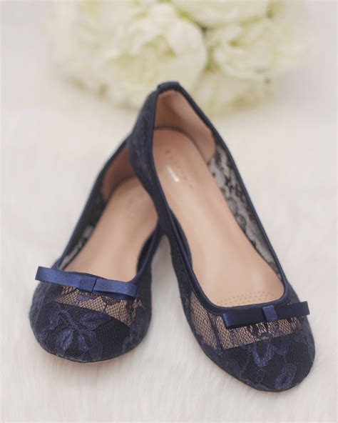 Navy Lace Flats With Front Tuxedo Bow Women Navy Blue Fall Wedding