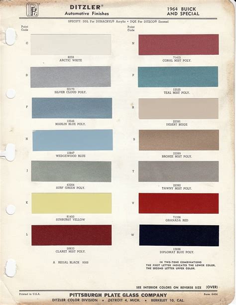 1964 Oldsmobile Colors Ditzler Pittsburgh Paint Chips Form 6408