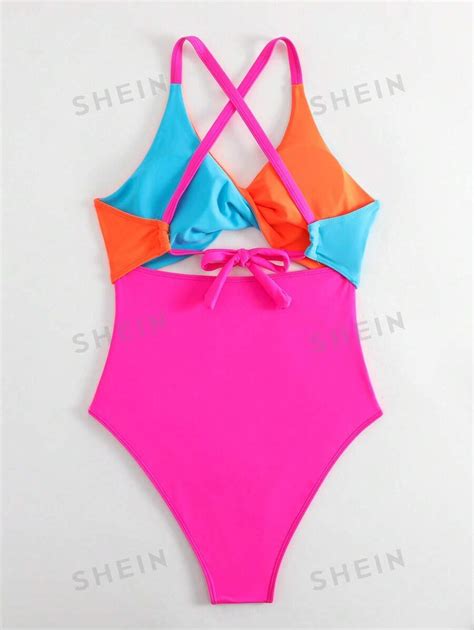 Shein Swim Vcay Color Block Twist Front Cut Out One Piece Swimsuit