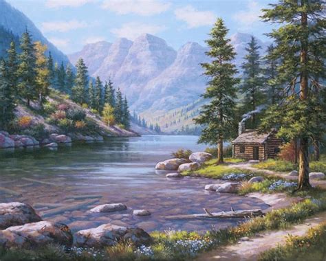 Log Cabin By The River Landscapes Paint By Number Modern Paint By