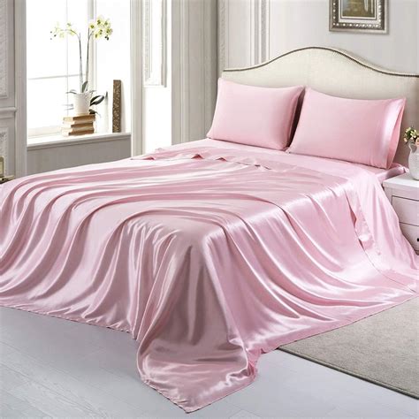 Rudonmg 4 Piece Pink Satin Sheets Queen Size Satin Bed