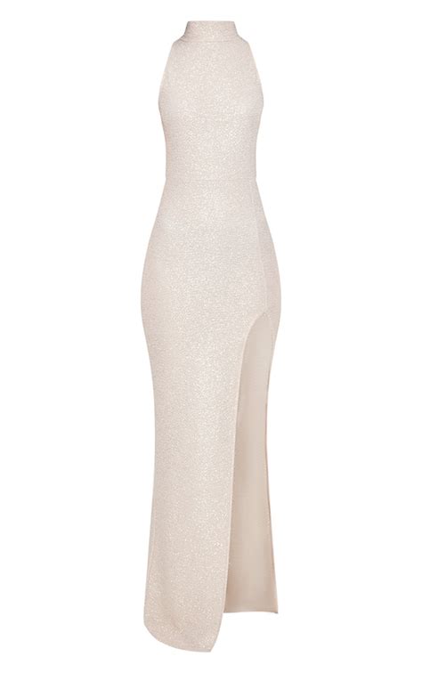 Nude High Neck Split Detail Maxi Dress Prettylittlething Usa