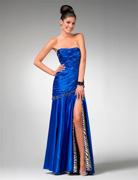 Sexy Royal Blue Strapless Full Length A Line Prom Dress With Beads And High Slit