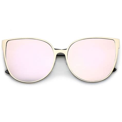 Oversize Round Cat Eye Sunglasses Slim Metal Frame Ultra Flat Mirrored
